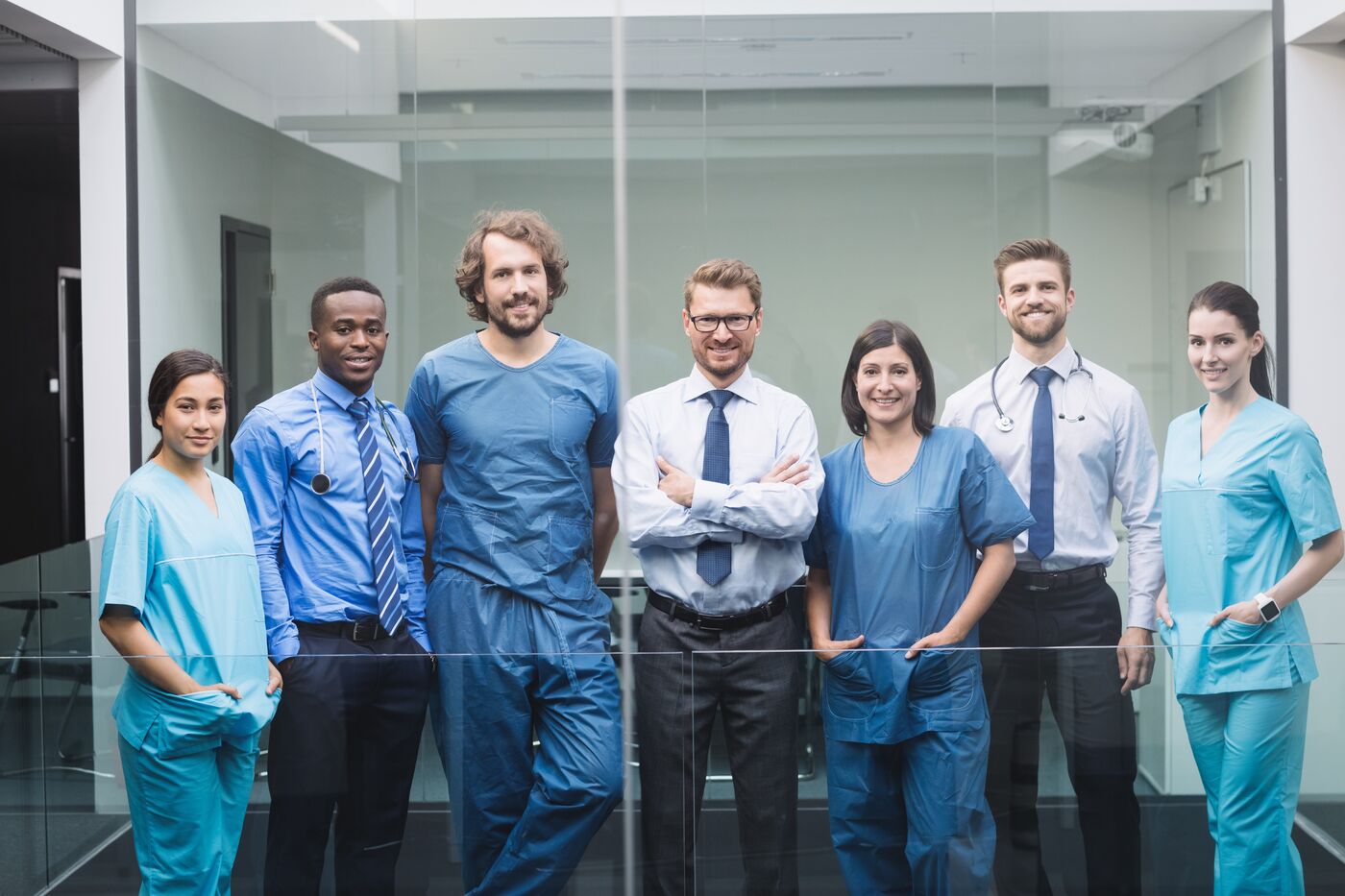 A team of doctors and nurses at a modern medical practice